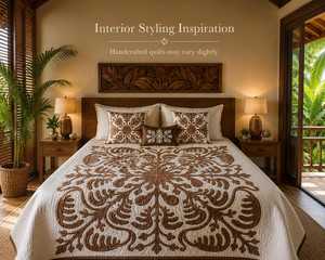 Brown White Hawaiian Applique <b>Quilt</b> Hand Quilted Cotton Bedspread For Queen California King <b>Bedding</b> With Heirloom Craftsmanship - Product Image 3