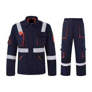 Men's Hi Visibility Reflective Workwear Uniform Cotton Safety <b>Jacket</b> and Pants with <b>Silver</b> Stripes and Pockets - Product Image 1