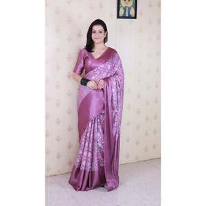 Sari en Georgette à Imprimé Floral avec Bordure Tissée en Zari, Robe de Cocktail Douce de Couleur Vin - Product Image 5