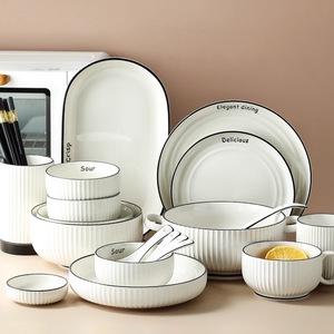 Nordic Ceramic Dinnerware Set With Black Stripe Vertical Pattern Round Minimalist Design Dishwasher Safe - Product Image 3