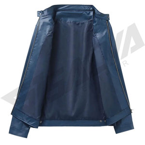 เสื้อแจ็คเก็ตหนังสีน้ำเงินสำหรับผู้ชาย หนังแท้หรือหนัง PU สไตล์มอเตอร์ไซค์ ปกคอพับ ปิดด้วยซิป ซับในผ้าซาติน ทรงปกติสำหรับฤดูใบไม้ร่วง - Product Image 1