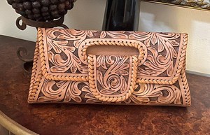 Handmade <b>Tooled</b> Genuine Leather Clutch Bag for Women | Western Floral Embossed Evening Handbag with Handle - Product Image 5