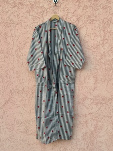 Cotton Kimono <b>Robe</b> Striped Heart Print Loungewear Summer Spring Long Sleeve V-neck Boho <b>Beach</b> Gown - Product Image 3