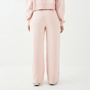 Pantalon tricoté rose à jambes larges pour femme, taille haute élastique, coupe ample, longueur intégrale, décontracté, couleur unie, respirant, prix abordable - Product Image 3