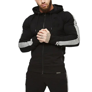Custom Men’s Black Tracksuit Full <b>Zip</b> <b>Hooded</b> Jacket Grey Contrast Stripe Jogger Pants Two Piece Sportswear Streetwear Set - Product Image 2