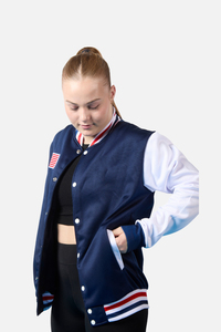 Veste universitaire bleue personnalisée pour femme, col montant côtelé, veste de baseball pour femme, veste Letterman pour femme - Product Image 4