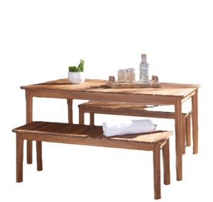 Ensemble de table et bancs de jardin en teck massif Dominic, finition naturelle, pour hôtel, parc ou hall extérieur - Product Image 1