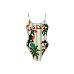 Traje de Baño de Mujer con Cuentas y Patrón de Rayas, Bordado de Pájaro Tucán, Tela de Algodón/Spandex, Conjunto de Traje de Baño de Alta Calidad - Product Image 1