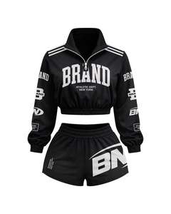 Ensemble de vêtements de sport pour femmes en deux pièces, veste courte à manches longues et short, imprimé lettres, col montant, polyester respirant, printemps - Product Image 1