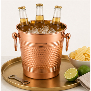 Seau à glace de luxe en cuivre martelé avec poignées, seau à vin isotherme à double paroi en acier inoxydable, bol refroidisseur à champagne pour hôtel - Product Image 4