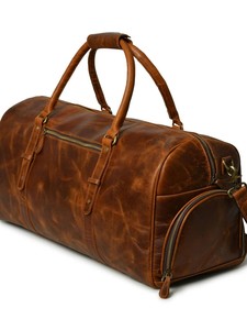 Men Casual Luxury Sport Distressed Brown Genuine Leather Duffle <b>Bag</b> Large <b>Overnight</b> Weekend Travel Satchel Zipper Polyester - Product Image 3