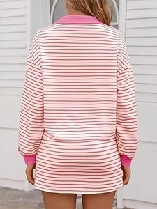 Ensemble pull tricoté rayé pour femme, rose et blanc, manches longues, col rabattu, tenue décontractée printemps, style automne à volants - Product Image 5