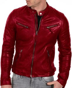 Blouson moto en cuir rouge pour homme, col rabattu, fermeture éclair, coupe ajustée, manches classiques, style automne - Product Image 2