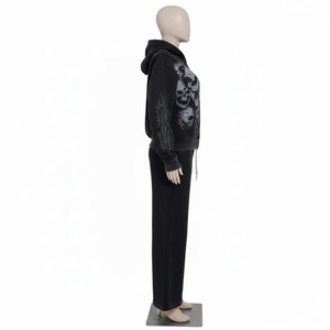Conjunto Deportivo con Capucha y Estampado de Calavera Gótica para Hombre, Sudadera con Cremallera de Manga Larga y Pantalones, Color Negro Sólido, 100% Algodón, Ropa de Otoño - Product Image 6