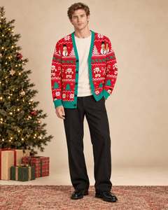 Christmas Jacquard Knitted <b>Cardigan</b> <b>Men's</b> Winter Reindeer Tree Pattern <b>Long</b> Sleeve Single Breasted Button Front 70% Cotton - Product Image 5
