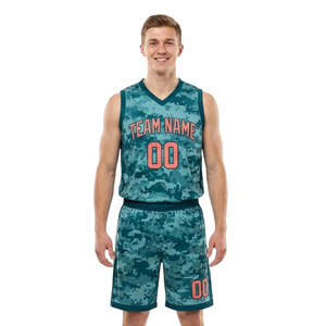 Digital <b>Camo</b> Basketball Uniform Set for <b>Men</b> V Neck Sleeveless Jersey & Matching Loose <b>Shorts</b> with Printed Team Names and Numbers - Product Image 1