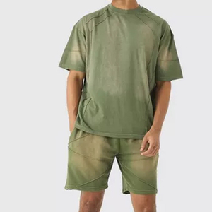 Men's Olive Green V-Neck T-Shirt and Shorts <b>Set</b> Plus Size <b>Knitted</b> 100% Polyester Casual Summer Solid Quick Dry - Product Image 1