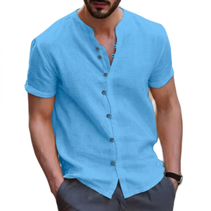 Hawaii New Fashionable Men's Retro Button <b>Shirts</b> Linen/Cotton Breathable V-neck Casual Short Sleeve for Summer - Product Image 4