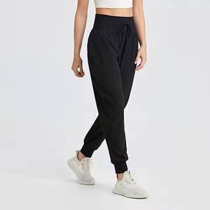 Pantalones de cintura alta, holgados, de color liso, con cordón, hasta el tobillo, estilo informal, estilo otoñal - Product Image 3