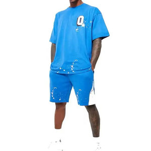 Ensemble T-shirt et short bleu oversize pour homme avec imprimé éclaboussures blanches – Style urbain décontracté pour l'entraînement et le fitness en extérieur - Product Image 6