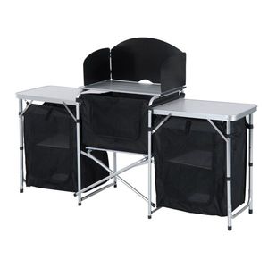 Tavolo da Cucina Portatile in Alluminio per Campeggio, Pieghevole con Paravento e 3 Armadietti Chiusi per Barbecue, Feste, Picnic ed Eventi all'Aperto - Product Image 1