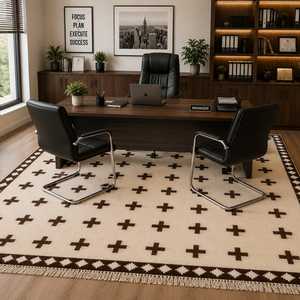 Hand Knotted New Zealand Wool Rug Modern Geometric Cross Pattern Cream Brown Low Pile Area Rug - Product Image 1