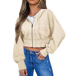 Ladies Cropped Zipper Hoodies Drop Shoulder Hooded <b>Tops</b> Long Sleeve Cotton Blend <b>Zip</b> <b>Front</b> Cuffs Casual Street Fashion Wear - Product Image 4