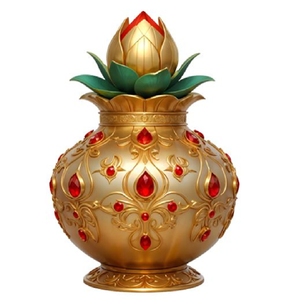 Kalash doré magnifiquement peint avec des motifs en émail colorés et un couvercle en feuille de mangue. Charmes ethniques disponibles à prix de gros. - Product Image 2