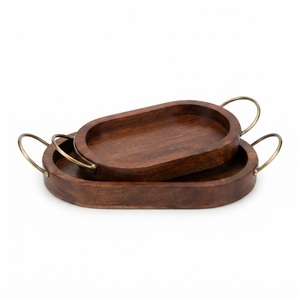 Bandeja de Servir de Madera de Mango al por Mayor con Asas de Hoja Metálica, Plato Ovalado de Madera Premium, Apto para Alimentos, Decoración para Mesa de Catering - Product Image 2