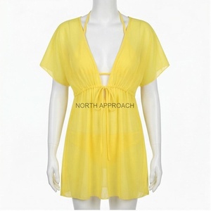 Women Yellow Chiffon Swimdress Deep V Neck Drawstring Hollow Out Regular Fit Solid Color Beachwear - Product Image 1