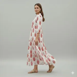 Robe longue blanche bohème à fleurs pour femme, manches bouffantes, en coton léger, imprimé bloc, col en V - Product Image 4