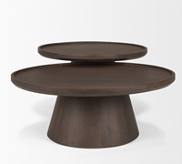 Ensemble de deux tables basses en bois de manguier massif, finition brun foncé, avec base de style tambour et plateau de style plateau, meubles de salon