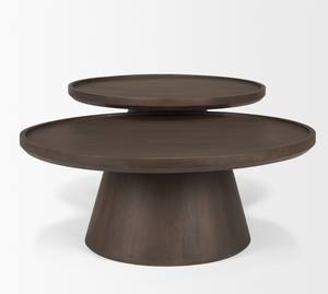 Ensemble de deux tables basses en bois de manguier massif, finition brun foncé, avec base de style tambour et plateau de style plateau, meubles de salon - Product Image 2