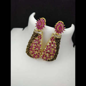 Fashion Drop Earrings Ruby and White Ad Studded Alloy with Gold Plating - Product Image 1