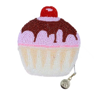Porte-monnaie perlé géométrique fait main ICE CREAM, motif ethnique, pochette zippée, style bohème, petite, portable, écologique - Product Image 1