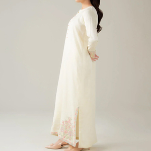 Elegant Cream Maxi <b>Dress</b> With Floral Embroidery Full Sleeve V-Neck Modest Style Handmade Cotton Gown - Product Image 3
