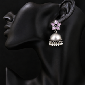 Boucles d'oreilles Jhumka en argent oxydé avec pierres roses, faites à la main, à franges de perles, bijoux ethniques de mode, vente en gros, fabricant - Product Image 2