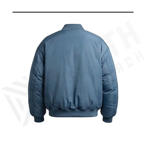 Blue Bomber Jacket Full Sleeve Stand Collar Zipper Closure Polyester Filling Solid Color Winter Wear - Product Image 2