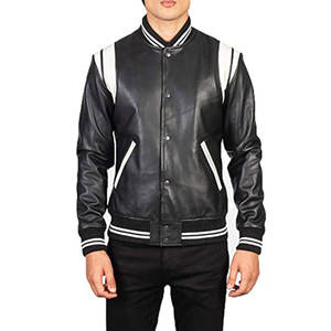 Veste universitaire en cuir élégante avec un design bicolore, des détails côtelés et des boutons-pression sécurisés sur le devant - Product Image 1