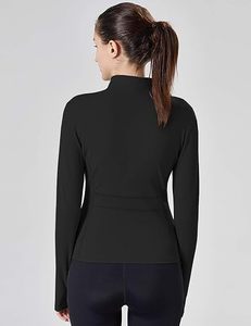 Women's Black Full Sleeve <b>Zipper</b> Yoga <b>Top</b> Stand Collar Breathable Spandex Polyester Solid Color Regular Fit All Seasons - Product Image 4