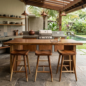 Modern Rustic Solid Suar Wood Jepara Artisan Commercial Bar <b>Stool</b> Durable Curved Seat Counter <b>Dining</b> Farmhouse Home Bar Hotel - Product Image 4