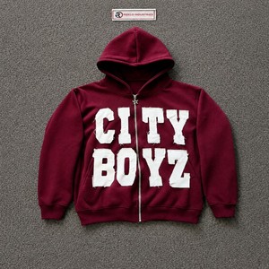 Sweat à capuche zippé pour homme, coupe oversize, streetwear, avec lettres graphiques appliquées, style vintage urbain, fermeture éclair intégrale, effet vieilli - Product Image 5