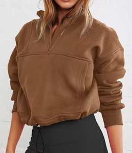 Sudadera con capucha corta oversize verde oliva para mujer, de invierno, con media cremallera, manga larga, estilo casual urbano, corte holgado, para uso diario - Product Image 5