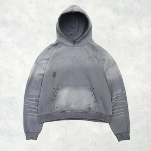 ผู้ผลิตเสื้อฮู้ดดี้ขนาดใหญ่ ปักลายแบบดิสเทรส ล้างสีแบบแอซิดวอช วินเทจ สโตนวอช ทรงบ็อกซี่ ไหล่ตก MOQ 10 ตัว - Product Image 6
