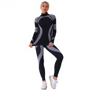 Ensemble de yoga imprimé, haut à col zippé à manches longues et legging taille mi-haute, deux pièces, extensible, respirant, avec dentelle sur le devant, pour le fitness - Product Image 1
