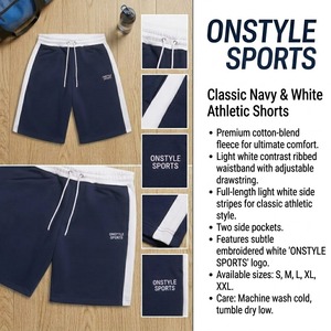 กางเกงกีฬาขาสั้นผู้ชาย ONSTYLE SPORTS สีกรมท่าขาว เอวกลาง ทรงลำลอง มีเชือกผูก ปักโลโก้ ลายทาง - Product Image 1