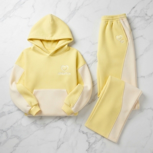 Conjunto Deportivo Informal para Mujer, Sudadera con Capucha Oversize Amarilla y Blanca, Pantalones Jogger de Pierna Ancha, Conjunto de Dos Piezas - Product Image 2