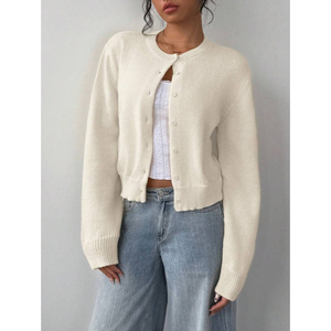 <b>Women's</b> <b>Cropped</b> <b>Cardigan</b> Long Sleeve O-Neck Button Front Knit Sweater Casual Winter Wear 100% Acrylic Flat Knitted - Product Image 1