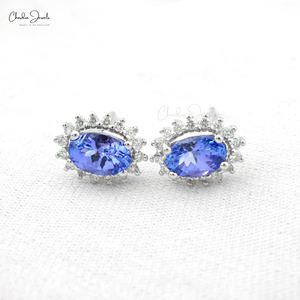 Pendientes de Oro Sólido de 14k con Tanzanita Natural de 6x4mm y Halo de Diamantes Redondos de 1.1mm, Envío Rápido - Product Image 2