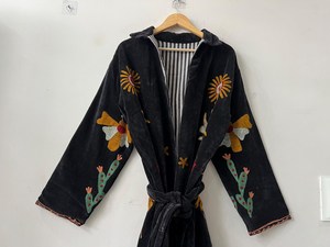 เสื้อเบลเซอร์ปักลายกำมะหยี่สไตล์ซูซานีสำหรับผู้หญิง ลายดอกไม้ นก กระบองเพชร แบบเปิดด้านหน้า เสื้อคลุมสไตล์โบฮีเมียน สำหรับฤดูใบไม้ร่วงและฤดูหนาว - Product Image 4